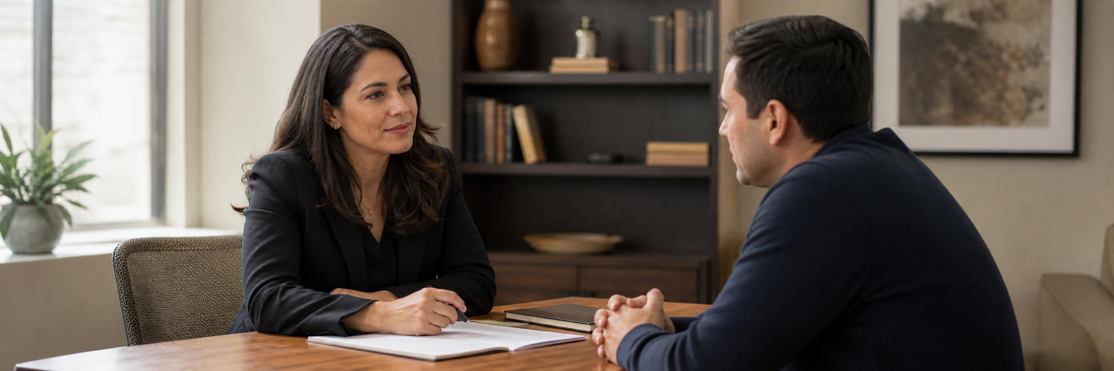 Profesional jurídica conversando de forma confidencial con una persona en una consulta